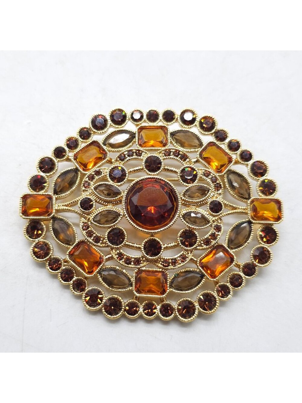 Vintage Monet Gold Tone Brooch Amber Brown Rhinestones Oval Design